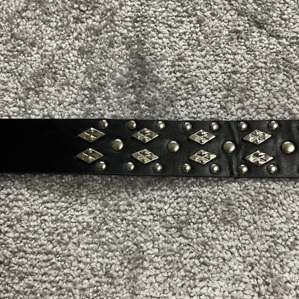Unbranded Black Leather Belt Womens 46 Metal Studded Floral Buckle Ladies